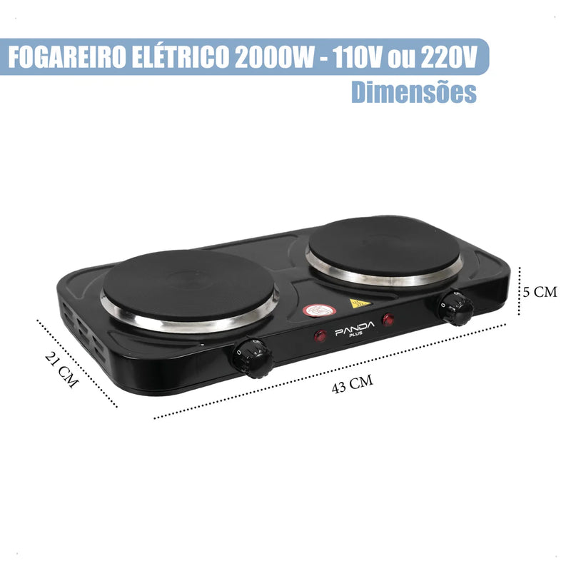 Fogão Elétrico Portátil de 2 Bocas com 2000W de Potência Cada, Design Moderno em Inox, Controles Independentes