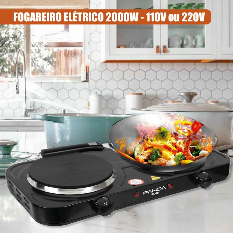 Fogão Elétrico Portátil de 2 Bocas com 2000W de Potência Cada, Design Moderno em Inox, Controles Independentes