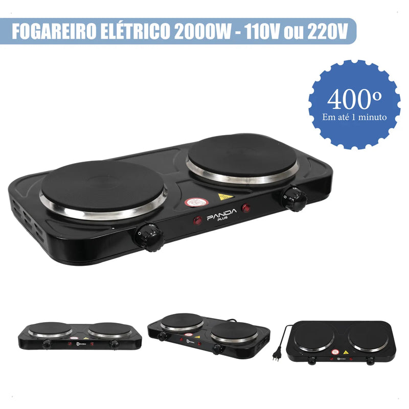 Fogão Elétrico Portátil de 2 Bocas com 2000W de Potência Cada, Design Moderno em Inox, Controles Independentes