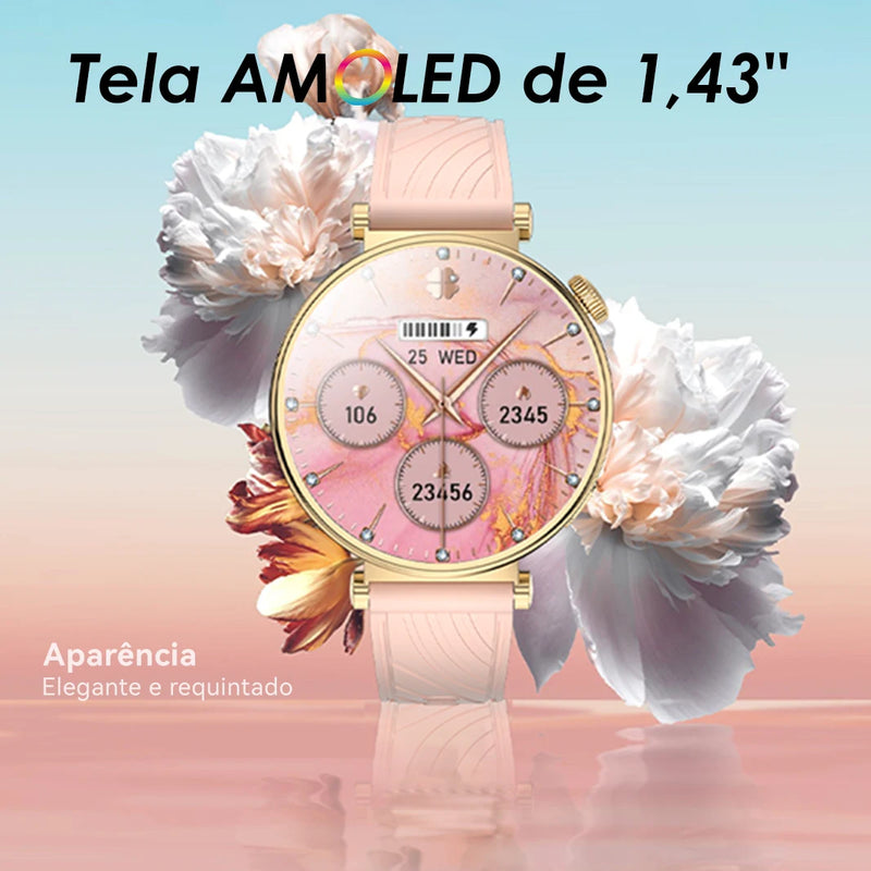 Smartwatch Feminino AURAFIT ELLA 2 – Elegância, Saúde e Conectividade em um só Relógio!