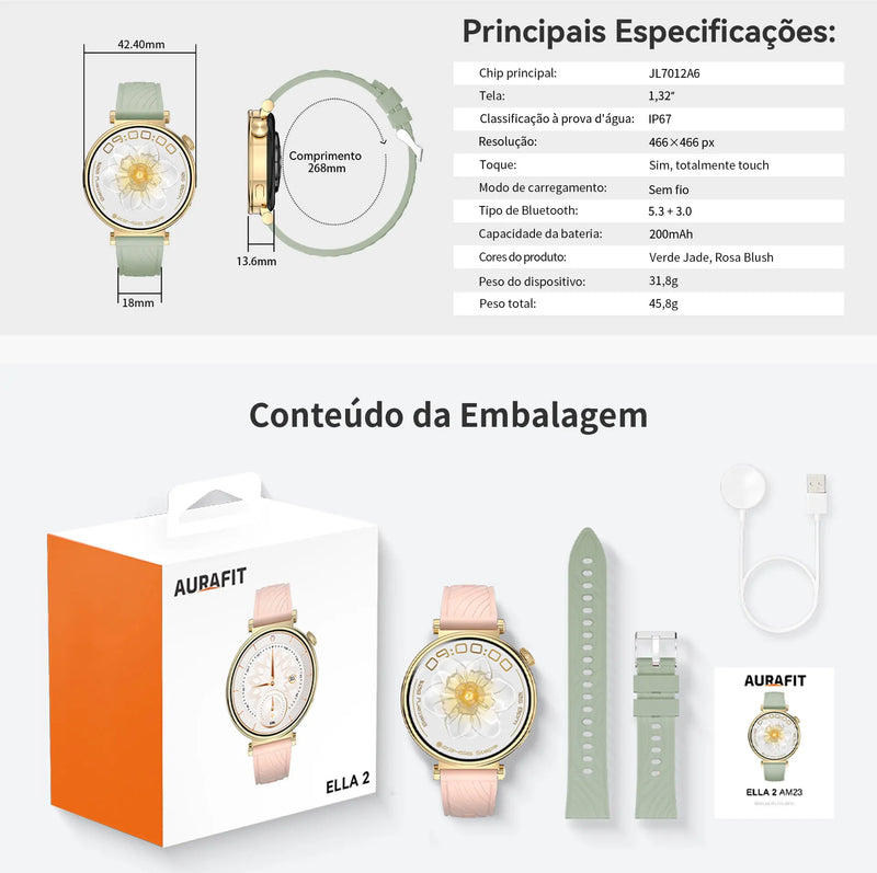 Smartwatch Feminino AURAFIT ELLA 2 – Elegância, Saúde e Conectividade em um só Relógio!