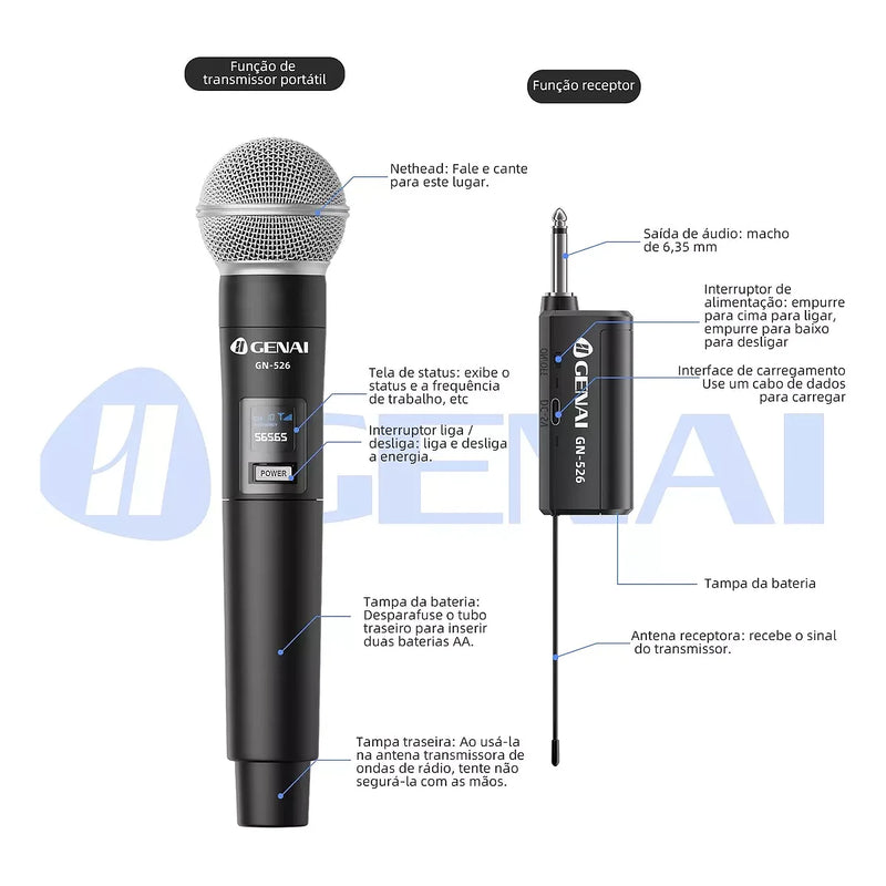 Microfone Sem Fio Profissional Recarregável Genai MS-526-1