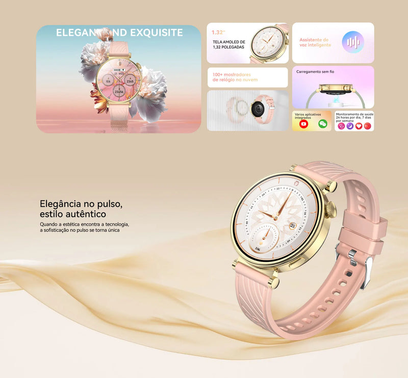 Smartwatch Feminino AURAFIT ELLA 2 – Elegância, Saúde e Conectividade em um só Relógio!
