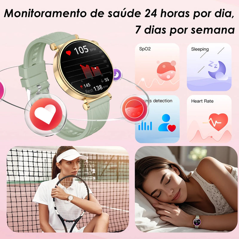 Smartwatch Feminino AURAFIT ELLA 2 – Elegância, Saúde e Conectividade em um só Relógio!