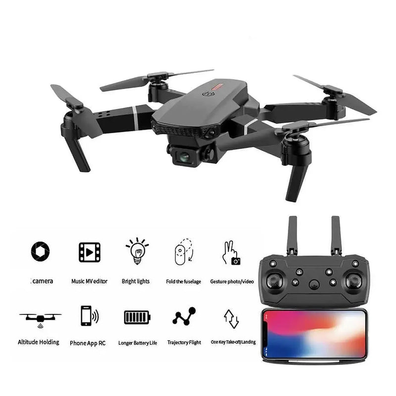 Mini Drone E88 Pro com Câmera Dupla WiFi e 2 Baterias – Design Dobrável + Estojo de Proteção