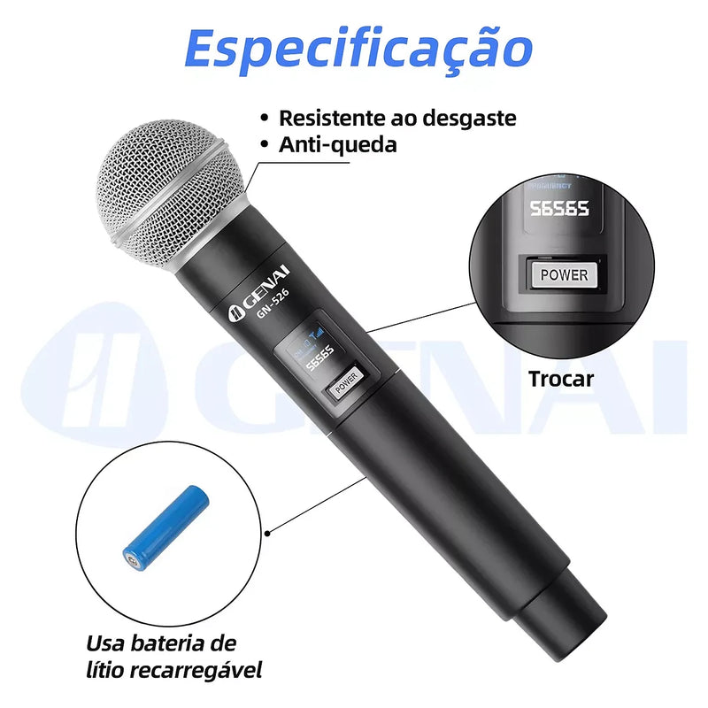 Microfone Sem Fio Profissional Recarregável Genai MS-526-1