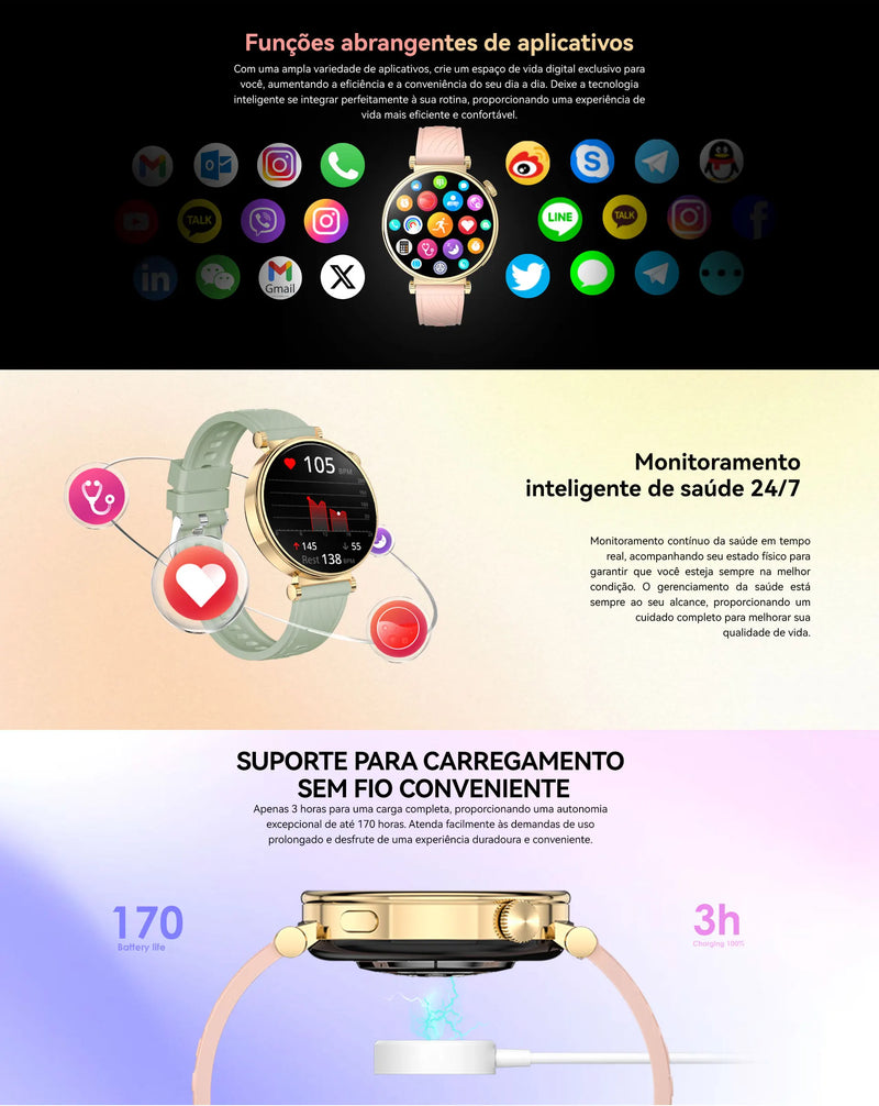 Smartwatch Feminino AURAFIT ELLA 2 – Elegância, Saúde e Conectividade em um só Relógio!