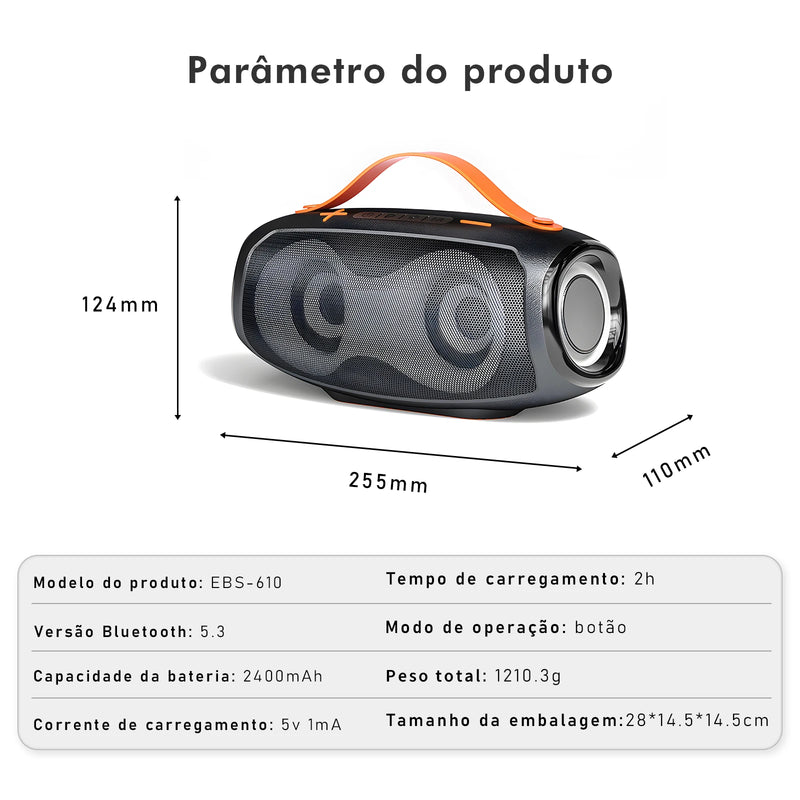 Caixa de Som Bluetooth Portátil COIBEU EBS-610 – IPX5, Potente e Compacta!