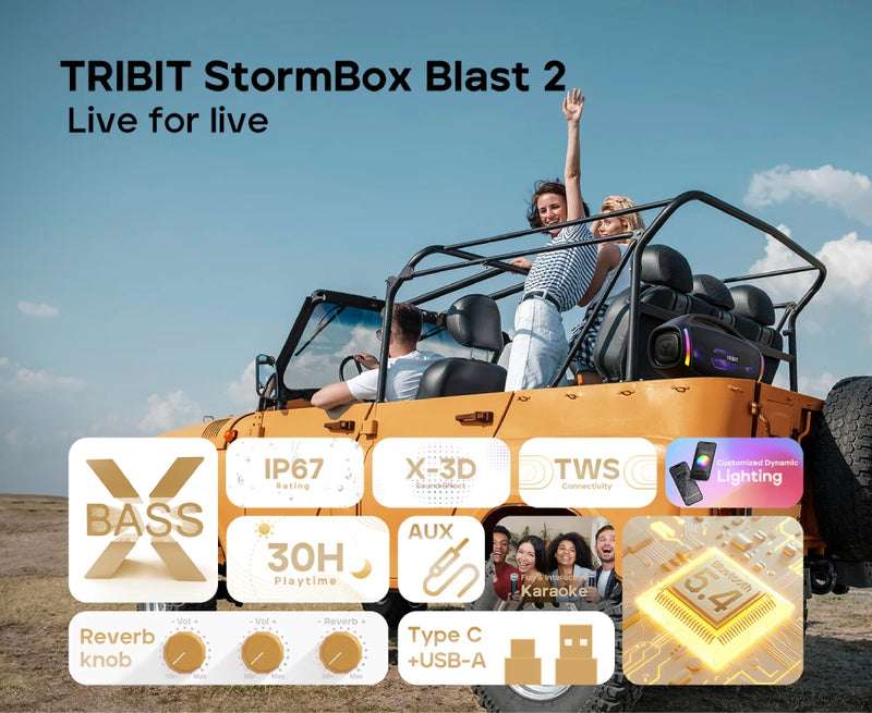 Caixa de Som Bluetooth TRIBIT StormBox Blast 2 — 200W RMS de Potência, LED Dinâmico e Autonomia de 30 Horas!