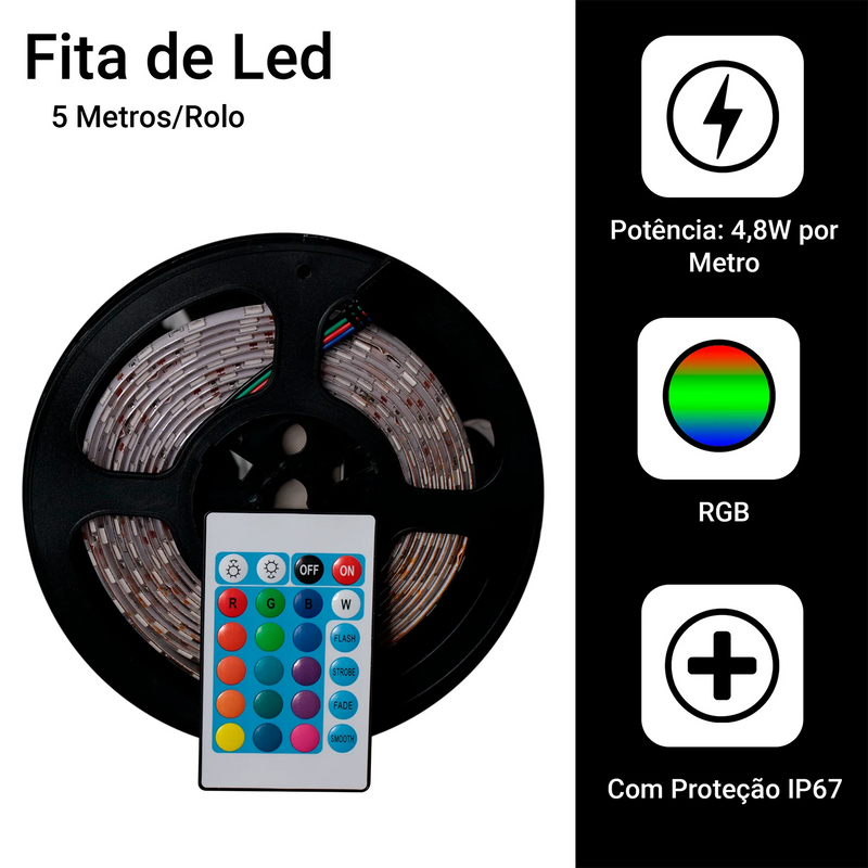 Fita LED RGB 5 Metros  Com Controle Remoto e Fonte 12v Bivolt
